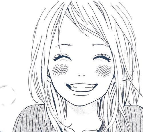 Smiling anime character with long hair and closed eyes, expressing joy and happiness.