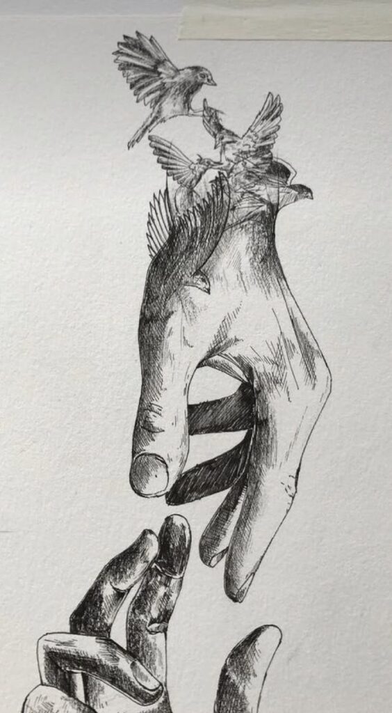 Intricate hand sketch releasing birds into flight, symbolizing freedom and creativity on white paper.