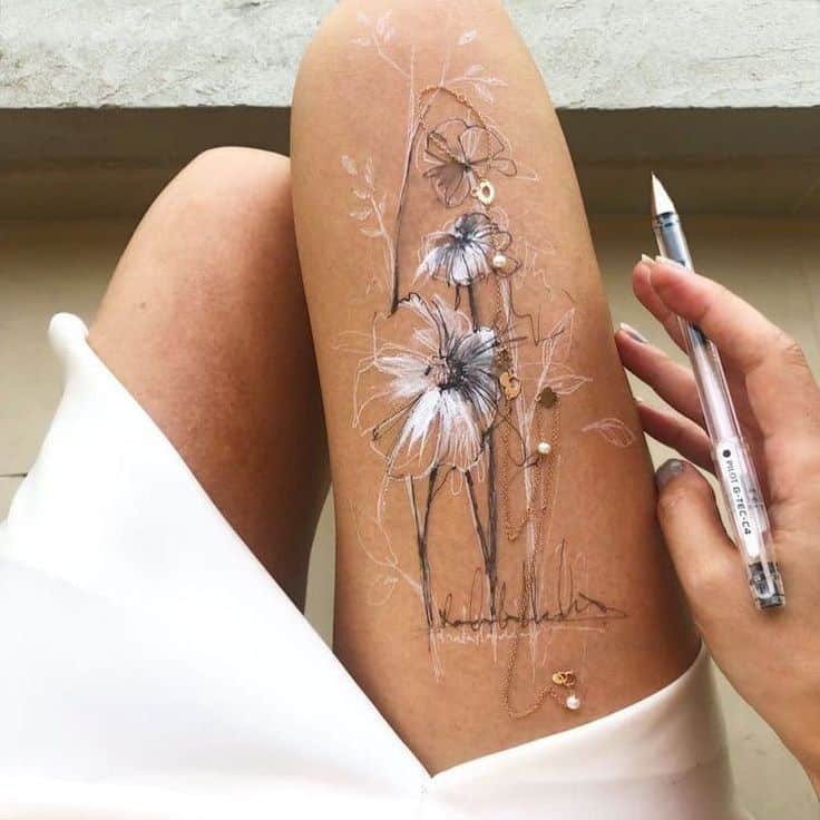 _ 27 Floral thigh tattoo design in progress, featuring delicate flowers and leaves, created with pencil and ink. | Sky Rye Design Floral thigh tattoo design in progress, featuring delicate flowers and leaves, created with pencil and ink.
