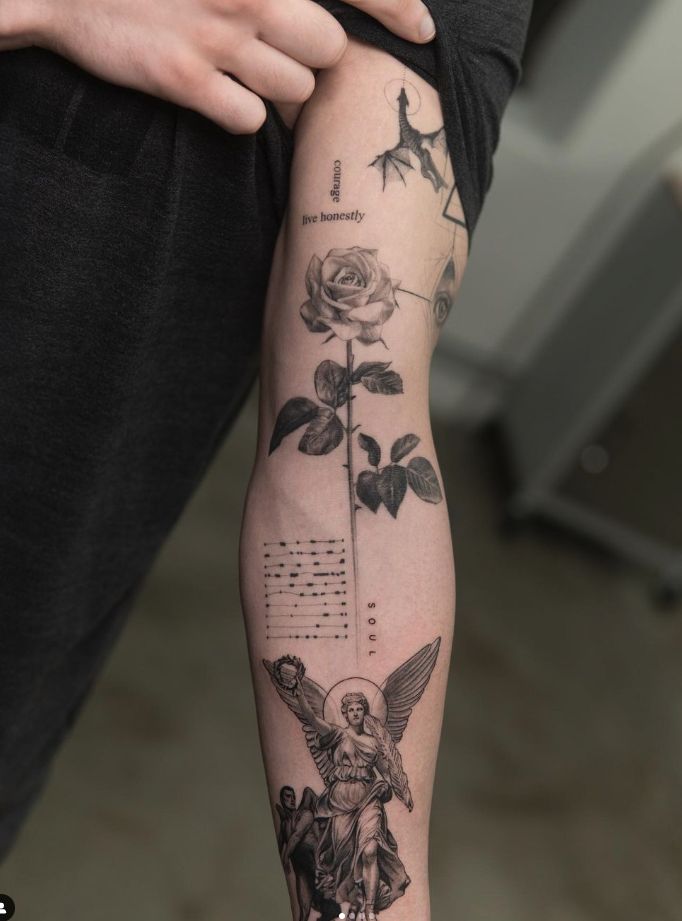 Arm tattoo featuring a detailed rose, an angel, and geometric shapes with the words soul and live honestly.