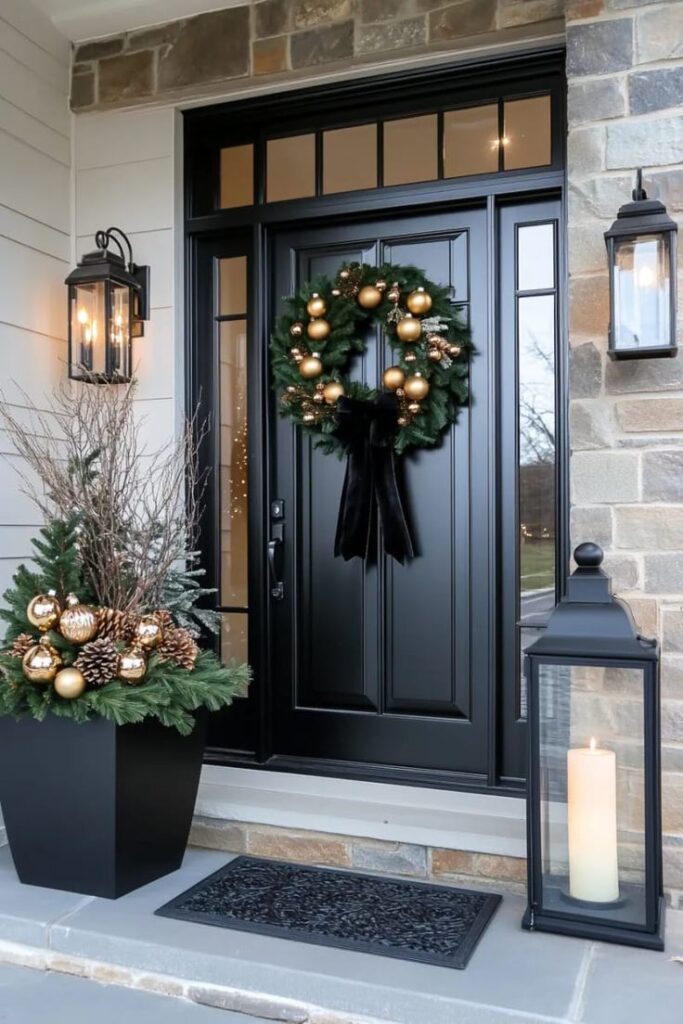 27 Beautiful Christmas Front Door Decor Ideas To Inspire - Lovely Harbor Elegant holiday door decor with a wreath, gold ornaments, and lanterns on a modern black front door. | Sky Rye Design Elegant holiday door decor with a wreath, gold ornaments, and lanterns on a modern black front door.