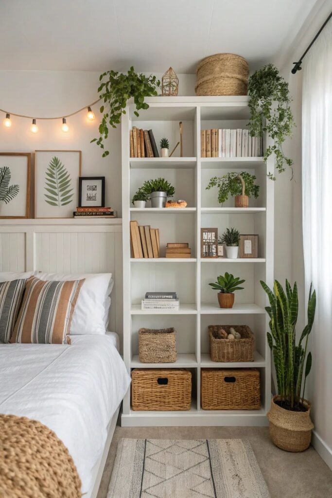 27039f043e7b819d367a5cdccfa40290 Cozy bedroom with styled bookshelf, plants, wicker baskets, and framed art, enhancing a serene, natural aesthetic. | Sky Rye Design Cozy bedroom with styled bookshelf, plants, wicker baskets, and framed art, enhancing a serene, natural aesthetic.