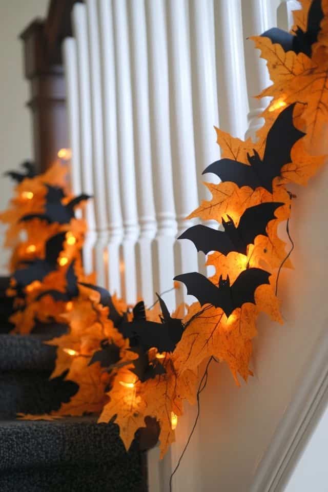274af87ef852ade4e04c4520245410ed Halloween-themed staircase decor with orange leaves, glowing lights, and black bat cutouts. | Sky Rye Design Halloween-themed staircase decor with orange leaves, glowing lights, and black bat cutouts.