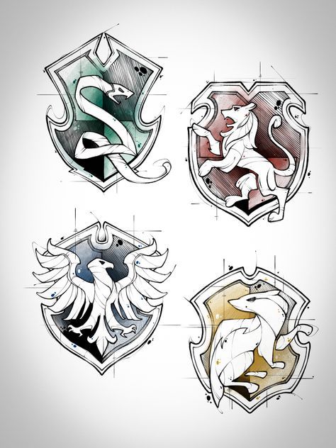 27bd773b-110e-49a4-9f4a-dd20b5bdb9db Four house crest sketches with a snake, lion, eagle, and badger, each in unique colors, on a white background. | Sky Rye Design Four house crest sketches with a snake, lion, eagle, and badger, each in unique colors, on a white background.