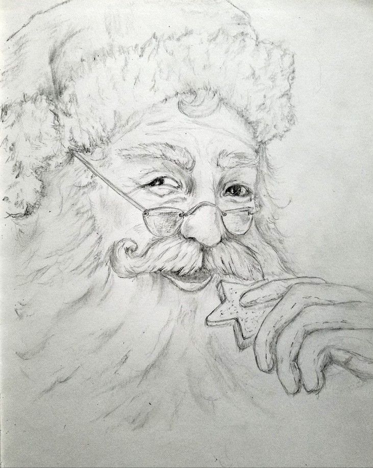 Sketch of Santa Claus enjoying a star-shaped cookie, wearing glasses and traditional hat.