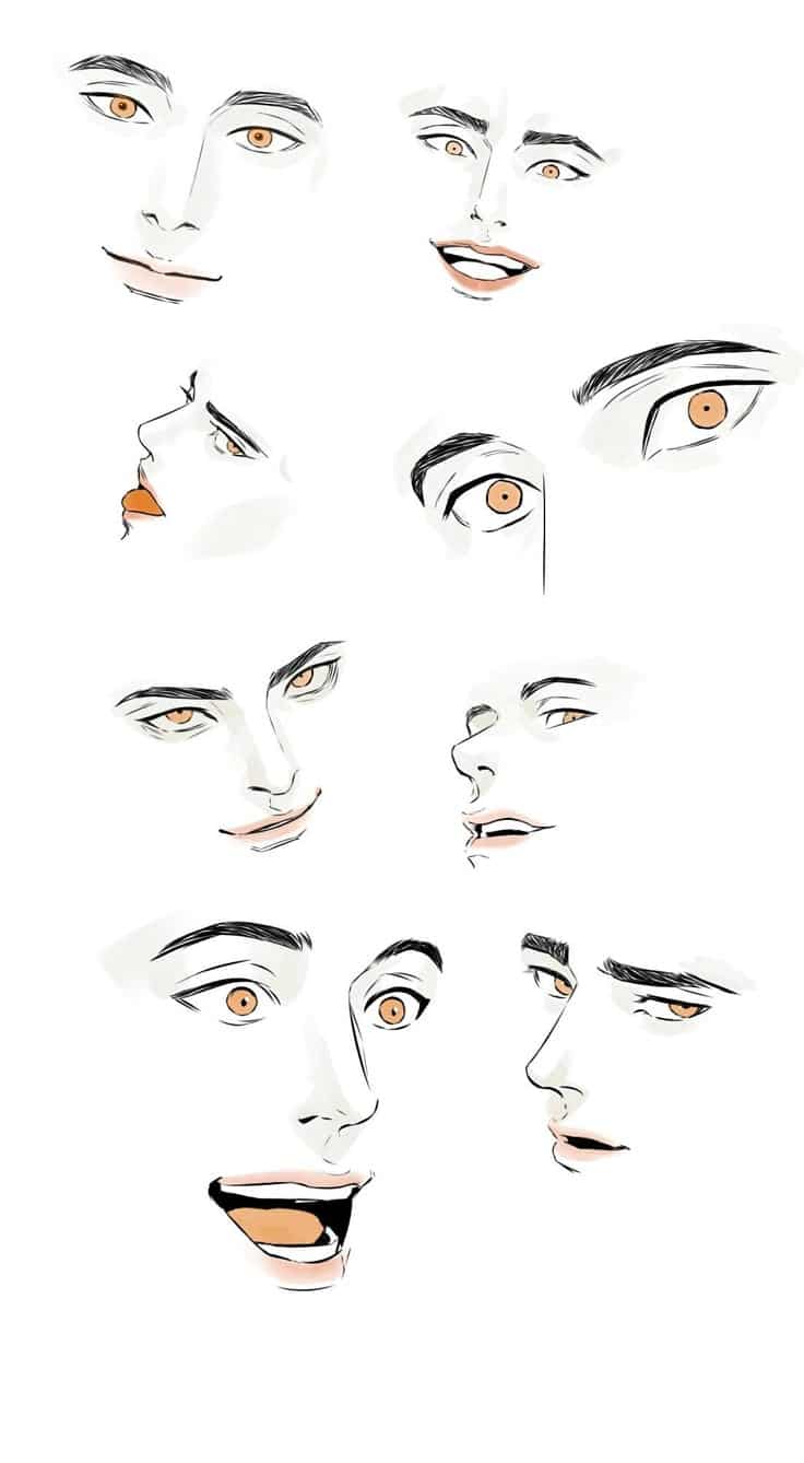 Illustration of abstract facial expressions, featuring various emotions with a focus on eyes and mouth details.