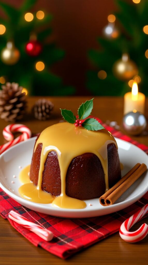 Christmas pudding with creamy sauce, holly garnish, and festive decor in background. Perfect holiday dessert setting.