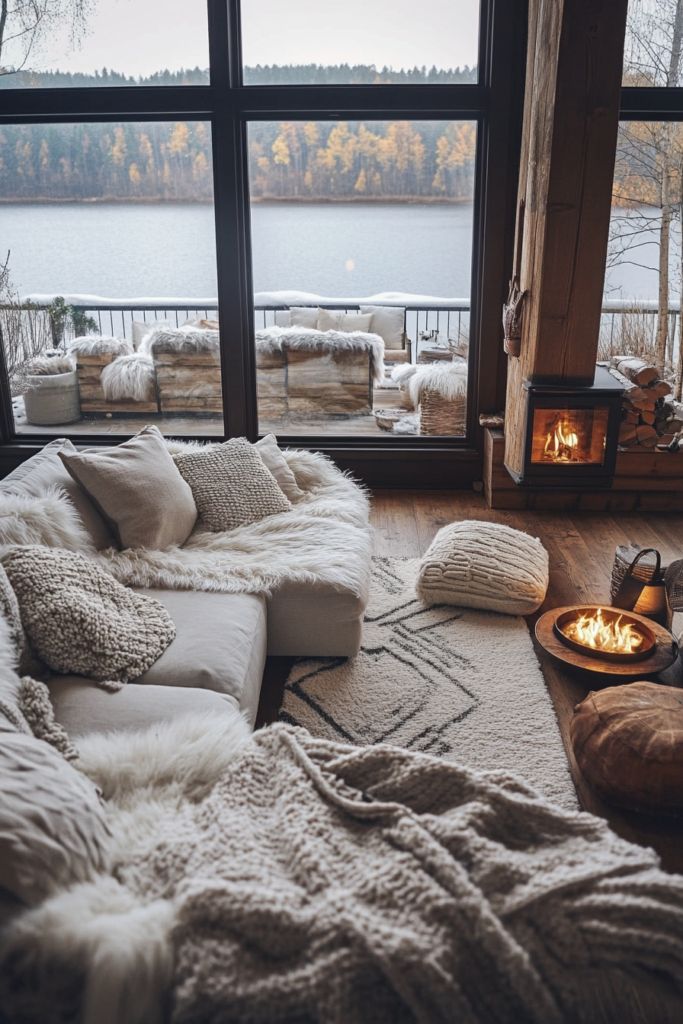 28 Ways to Create a Cozy Winter Living Room Youll Love - Feel Your Home Cozy living room with plush decor overlooking a serene lake and forest through large windows, featuring a warm fireplace. | Sky Rye Design Cozy living room with plush decor overlooking a serene lake and forest through large windows, featuring a warm fireplace.
