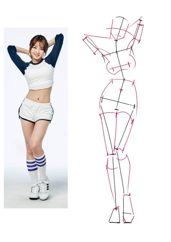 Smiling woman in sports attire next to a sketch of a human figure, illustrating athletic form and proportions.