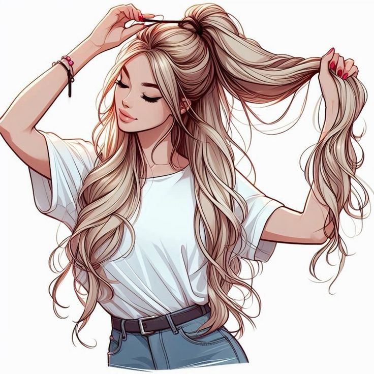 Illustration of a woman styling long, wavy hair in a ponytail, wearing a white shirt and jeans.