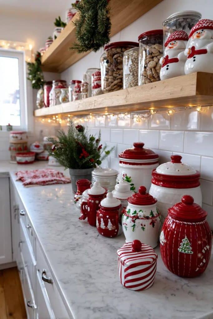 Festive kitchen with Christmas-themed jars and greenery on marble countertop, warm lights creating a cozy holiday vibe.