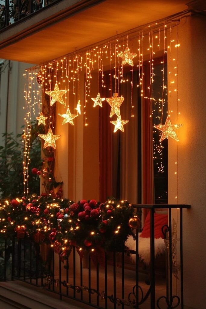 Cozy balcony with star string lights and Christmas decor, glowing in warm ambiance.