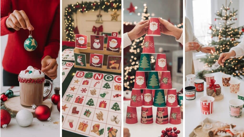 Festive holiday activities: hot cocoa, Christmas bingo, stacking cups, gift exchange with holiday decor and lights.