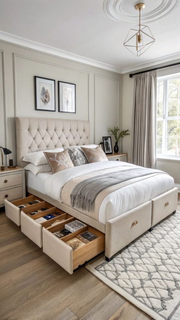 Luxurious bedroom with tufted bed and storage drawers, elegant decor, and neutral tones.