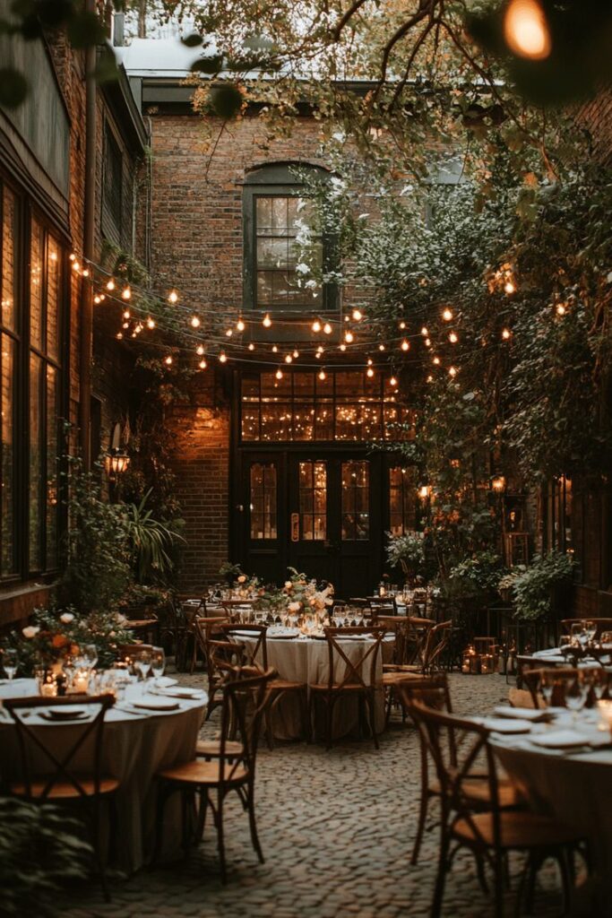 Outdoor courtyard wedding reception with string lights, elegant tables, and lush greenery for a romantic atmosphere.