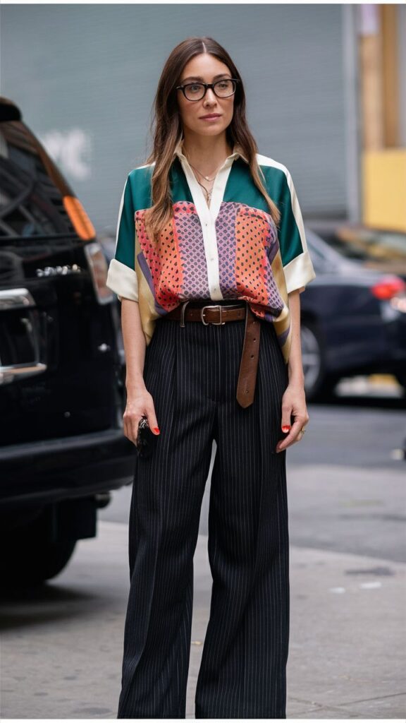 29 Simple Spring Outfits - Fashion Ideas 2025_ Casual Cute Plus Size Work Looks Fashionable woman in multicolored blouse and pinstripe pants standing on city street, wearing glasses and confident expression. | Sky Rye Design Fashionable woman in multicolored blouse and pinstripe pants standing on city street, wearing glasses and confident expression.