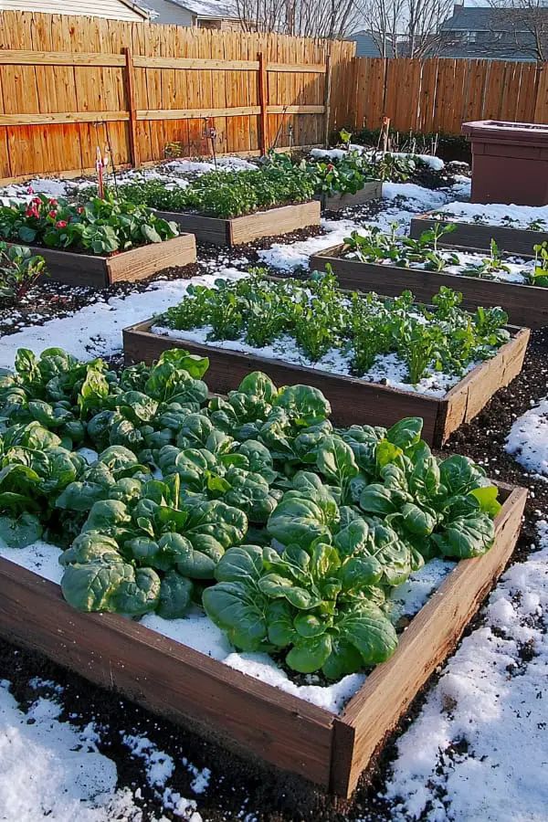 Raised garden beds with winter greens and light snow cover in a backyard setting.