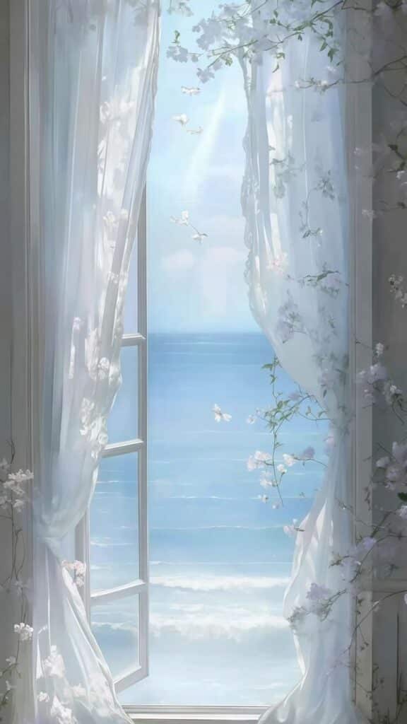 298e9d38-bac2-4583-ac03-d4a372c855c6 Open window with sheer curtains overlooking a serene ocean view, adorned with delicate white flowers. | Sky Rye Design Open window with sheer curtains overlooking a serene ocean view, adorned with delicate white flowers.