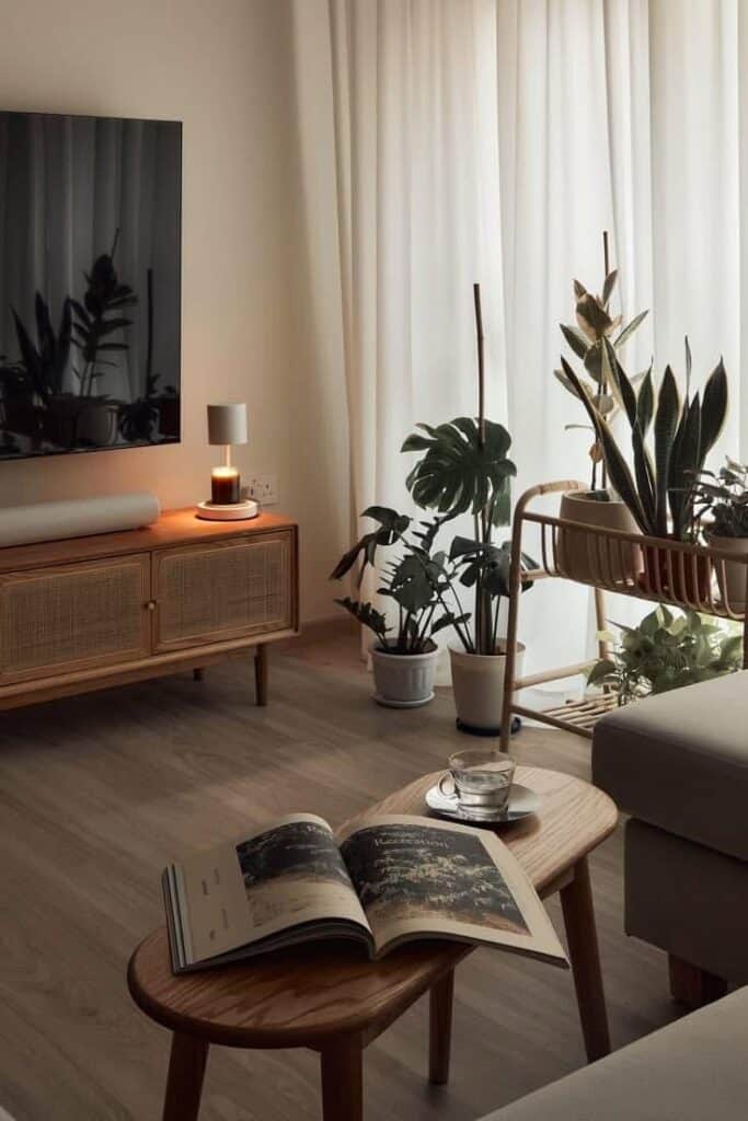 Cozy living room with plants, a wooden table, open book, and soft lighting for a serene ambiance.