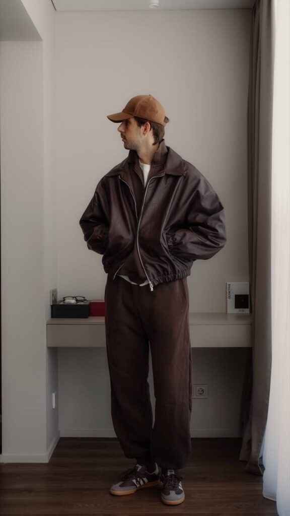 Person in brown jacket and cap stands in modern room, casual fashion style.