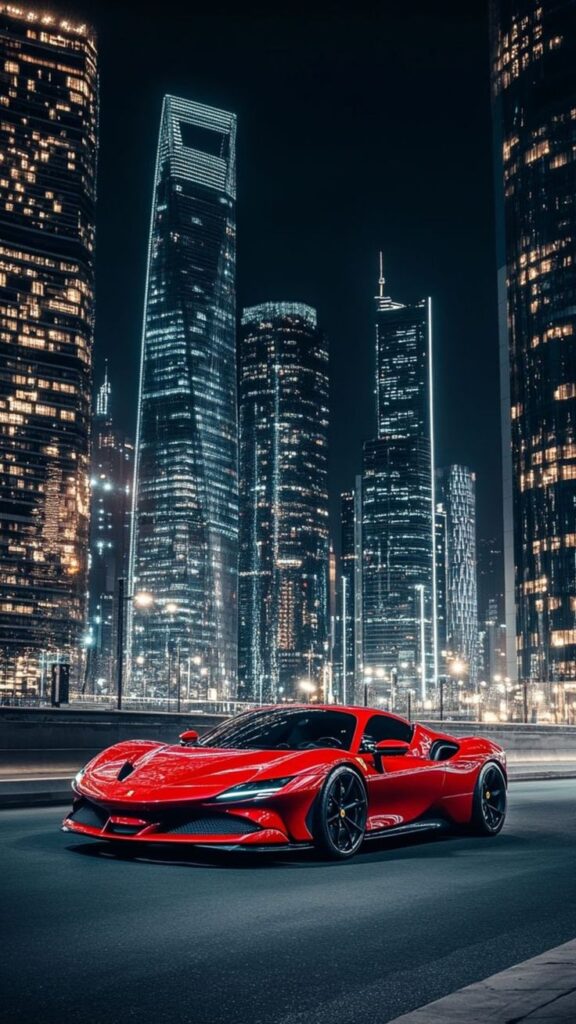 Red sports car on city street at night with illuminated skyscrapers in background.