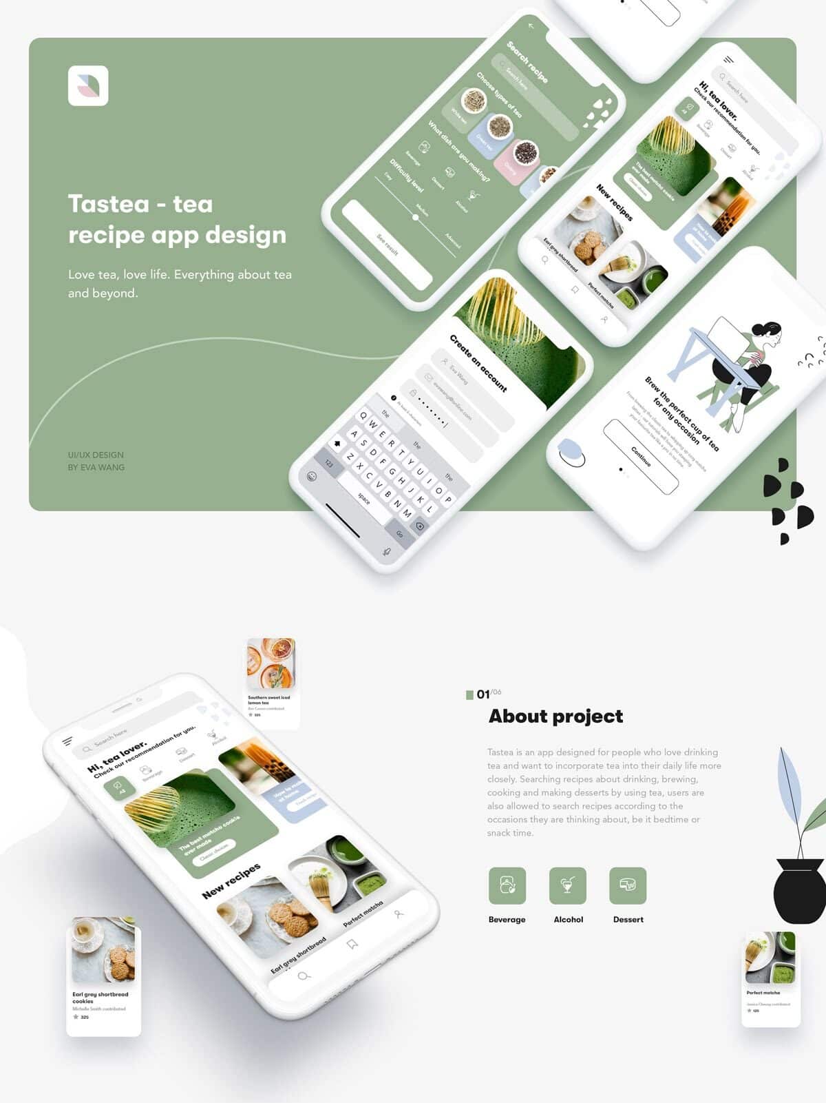 Tea recipe app design featuring various UI elements and product information on green and white background.