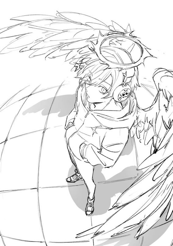 2b6d649f-17b6-4217-af30-18943b4820b9 Cool winged anime character with headphones, halo, and hoodie, gazing upward in a dynamic perspective sketch. | Sky Rye Design Cool winged anime character with headphones, halo, and hoodie, gazing upward in a dynamic perspective sketch.