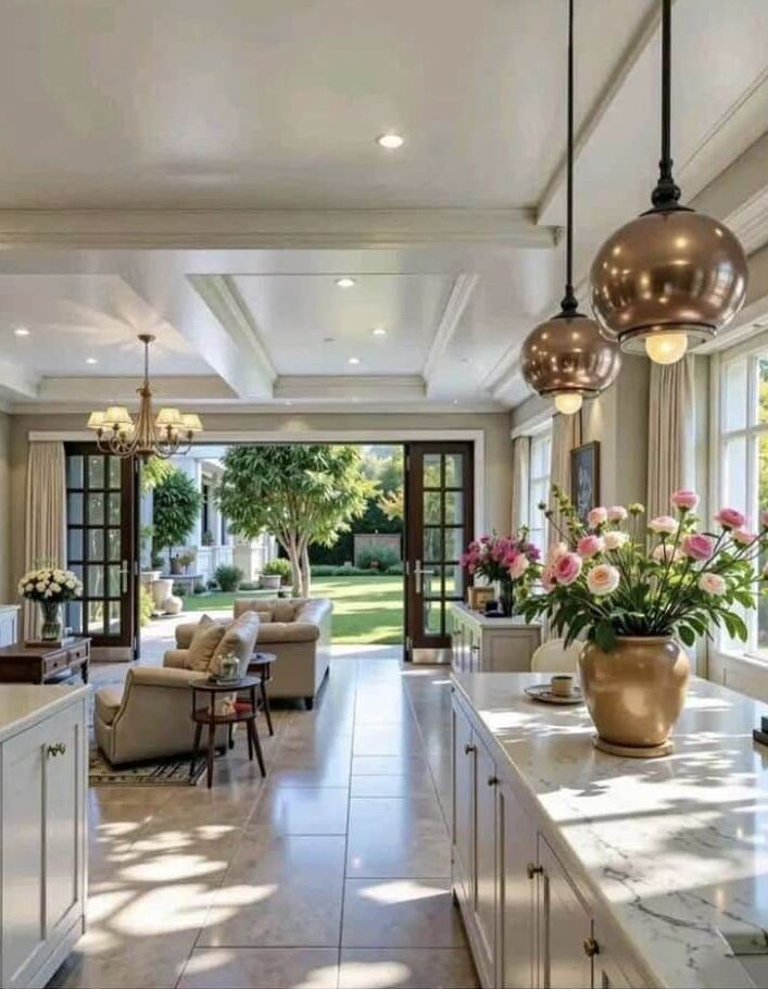 Luxurious open-plan living room with garden view, modern lighting, and elegant decor.