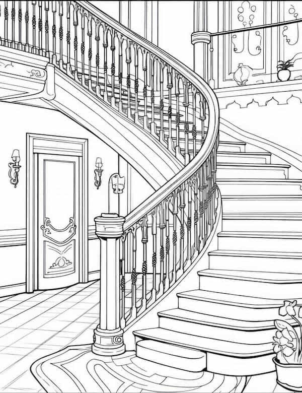 Elegant spiral staircase in a grand hall, detailed line art drawing, decorative features, and ornate design elements.