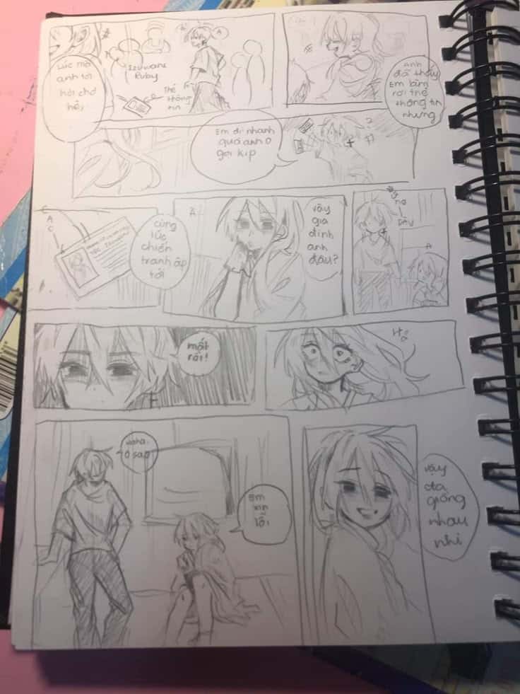 Hand-drawn manga comic sketch with characters in dialogue, showcasing expressive emotions in a spiral notebook.