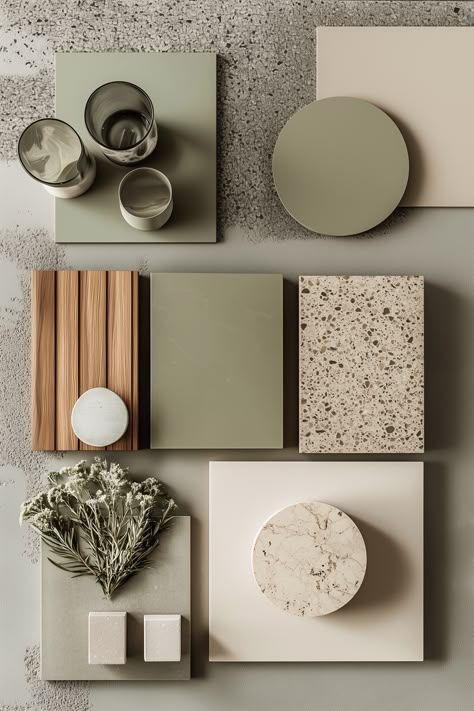 Modern neutral-toned design palette with various textures: wood, stone, and ceramics, ideal for interiors.