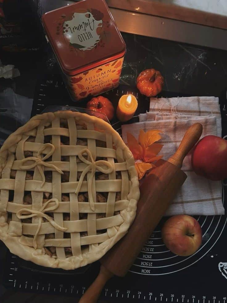 2c01c984-ec32-4144-b8c8-8ec2a64668a8 Lattice apple pie with autumn leaves and a candle, perfect for fall baking inspiration and cozy kitchen vibes. | Sky Rye Design Lattice apple pie with autumn leaves and a candle, perfect for fall baking inspiration and cozy kitchen vibes.