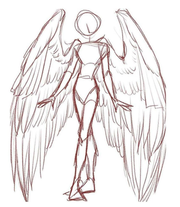 Sketch of a winged humanoid figure, showcasing detailed feather outlines and a dynamic pose.