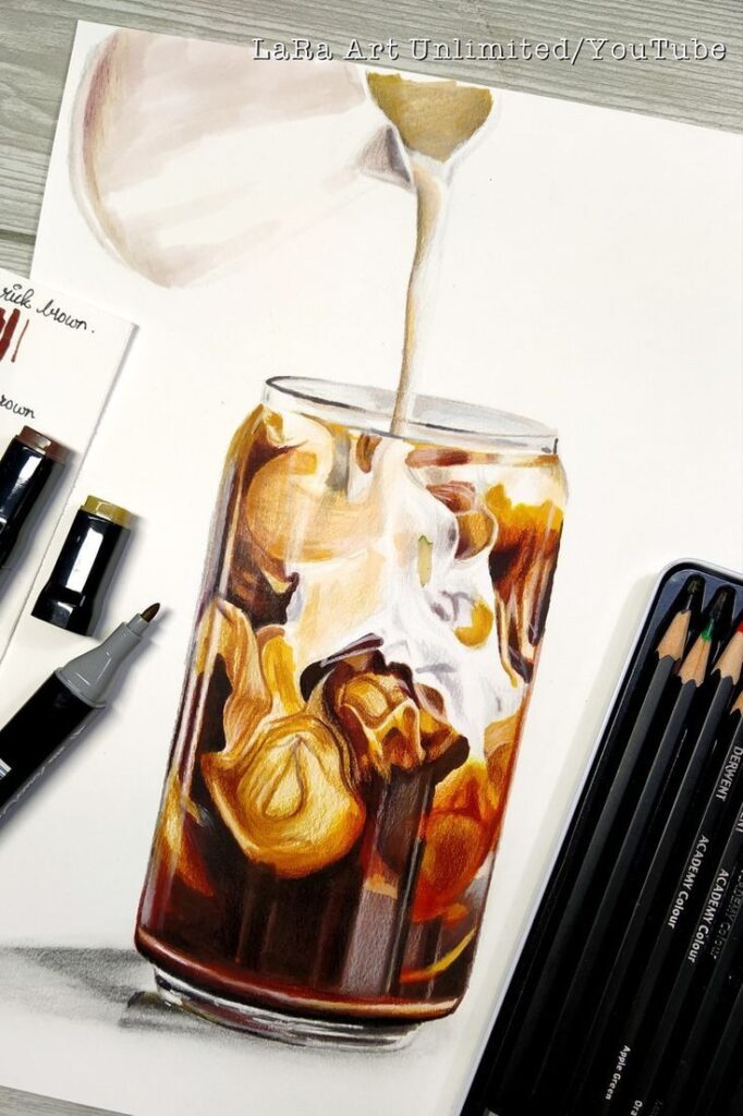 Realistic iced coffee drawing with milk swirl, surrounded by art supplies.