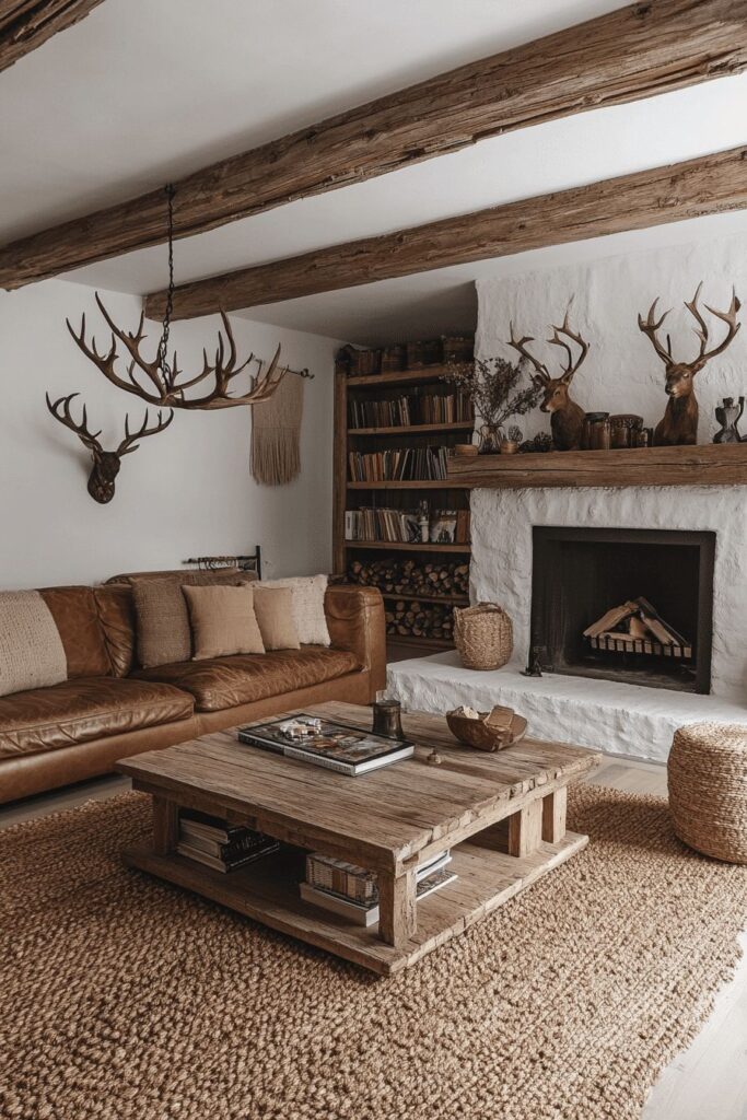 Rustic living room with leather sofa, wooden beams, antler decor, and cozy fireplace.