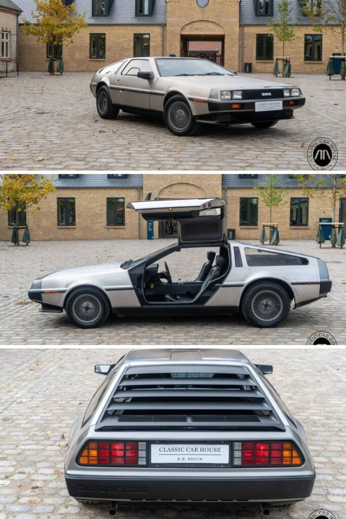 Vintage DeLorean car with gull-wing doors, displayed outdoors on cobblestone with a historical building backdrop.