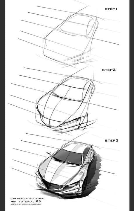2db71d56818b2deacd412c33011bcbe4 Car design sketch tutorial showing three steps from basic outline to shaded rendering. | Sky Rye Design Car design sketch tutorial showing three steps from basic outline to shaded rendering.