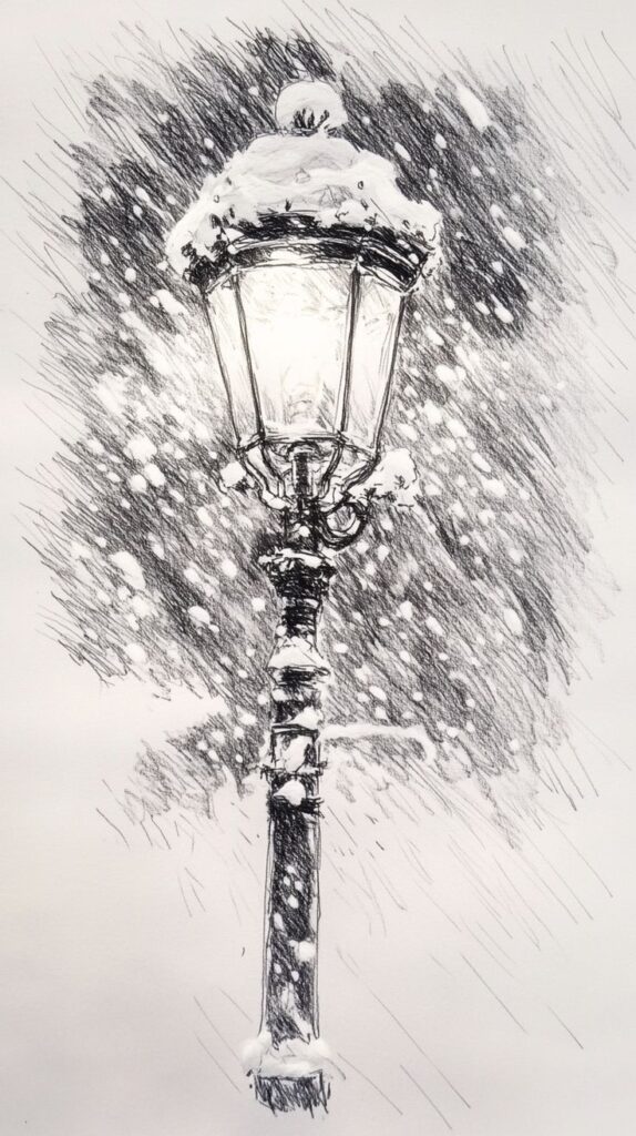 Sketch of a vintage street lamp covered in snow during a winter night, snowflakes falling around.