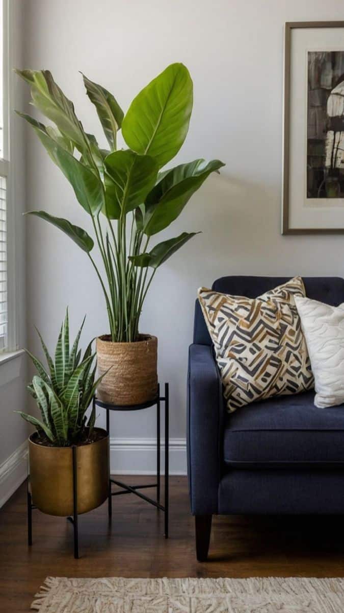 Living room with potted plants, blue sofa, and patterned cushions for modern home decor.