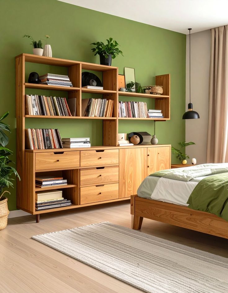 2e65b3da0d8eb90a7b41d6ddb3bea62d Wooden bookshelf and bed in modern bedroom with green accent wall and decor. Cozy and stylish interior design. | Sky Rye Design Wooden bookshelf and bed in modern bedroom with green accent wall and decor. Cozy and stylish interior design.