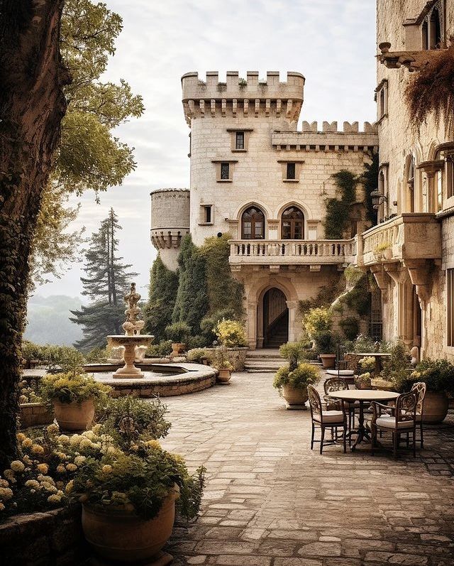 Fairytale castle courtyard with stone tower, fountain, and lush greenery in a serene, historic setting.