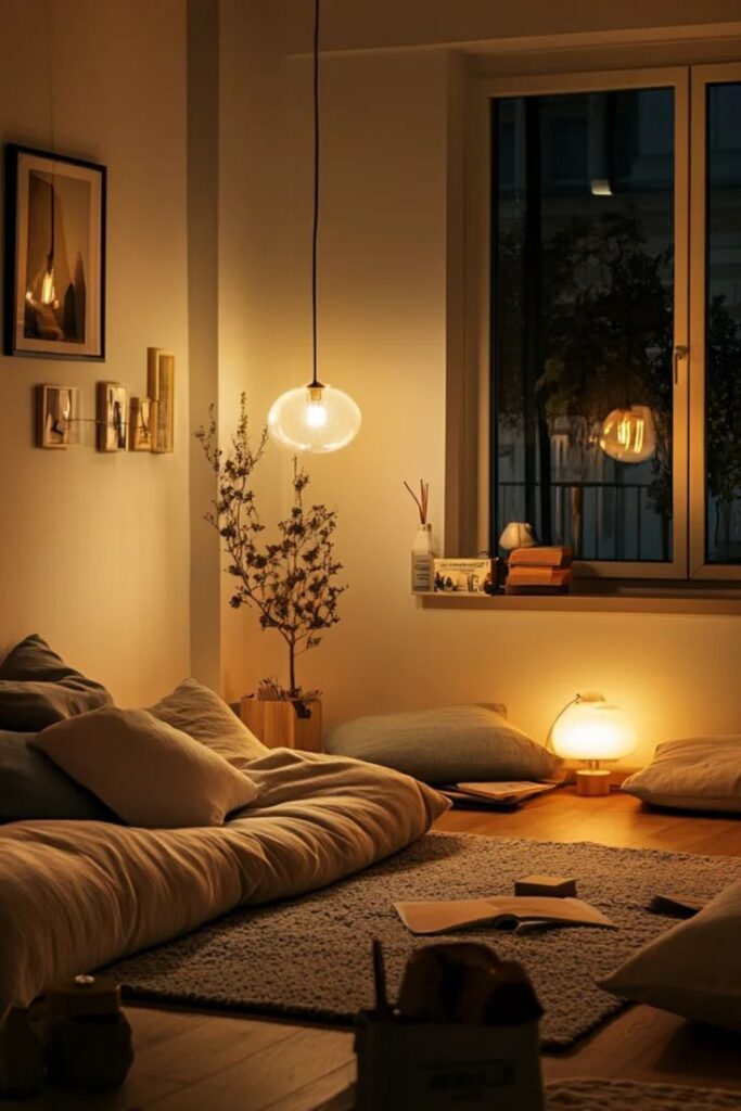 Cozy, dimly-lit room with floor cushions and warm lighting, perfect for relaxation and reading.