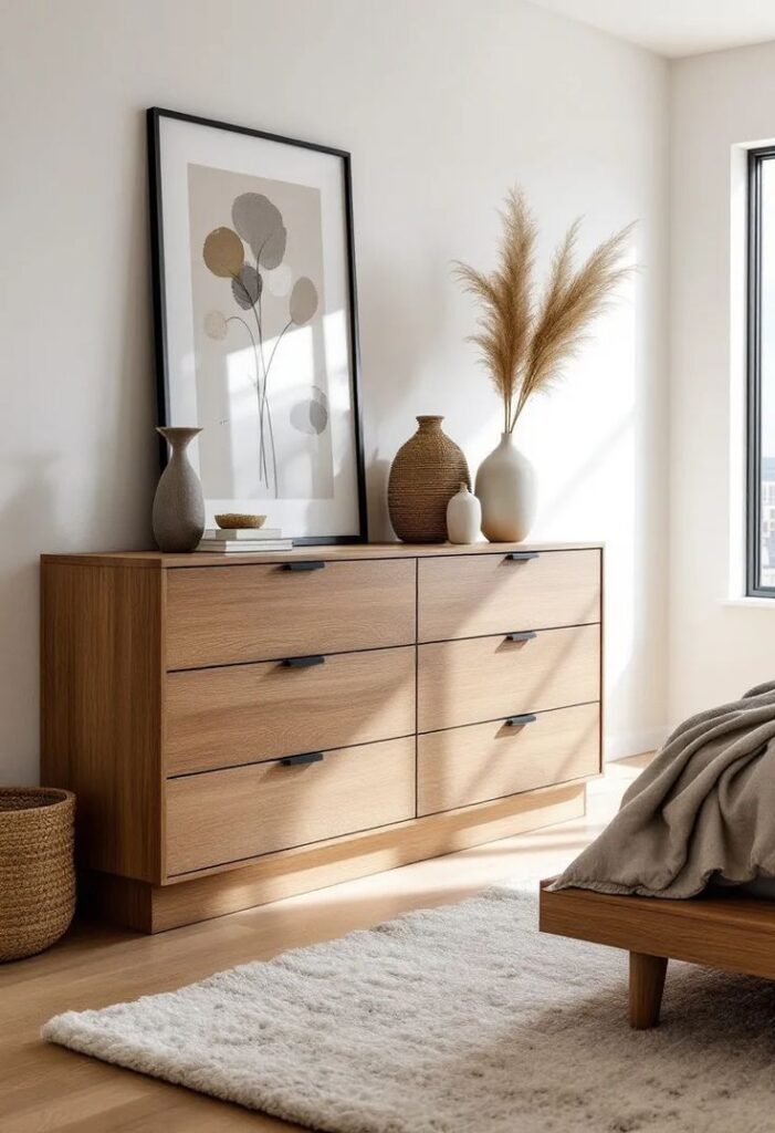 2f482136f7fe067a42ec9829c3839dbf Minimalist bedroom with wooden dresser, modern decor, and framed art. Neutral tones enhance the cozy atmosphere. | Sky Rye Design Minimalist bedroom with wooden dresser, modern decor, and framed art. Neutral tones enhance the cozy atmosphere.