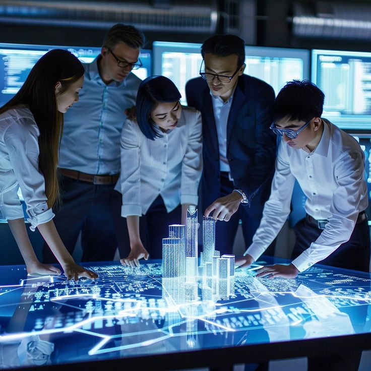 Team analyzing architectural 3D model on a digital table display in a high-tech office setting.