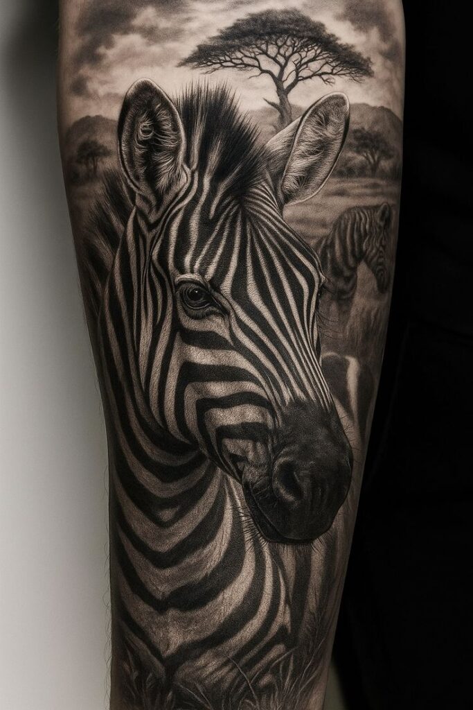 Realistic zebra tattoo on arm with savanna backdrop; intricate black and gray shading showcases detailed stripes.
