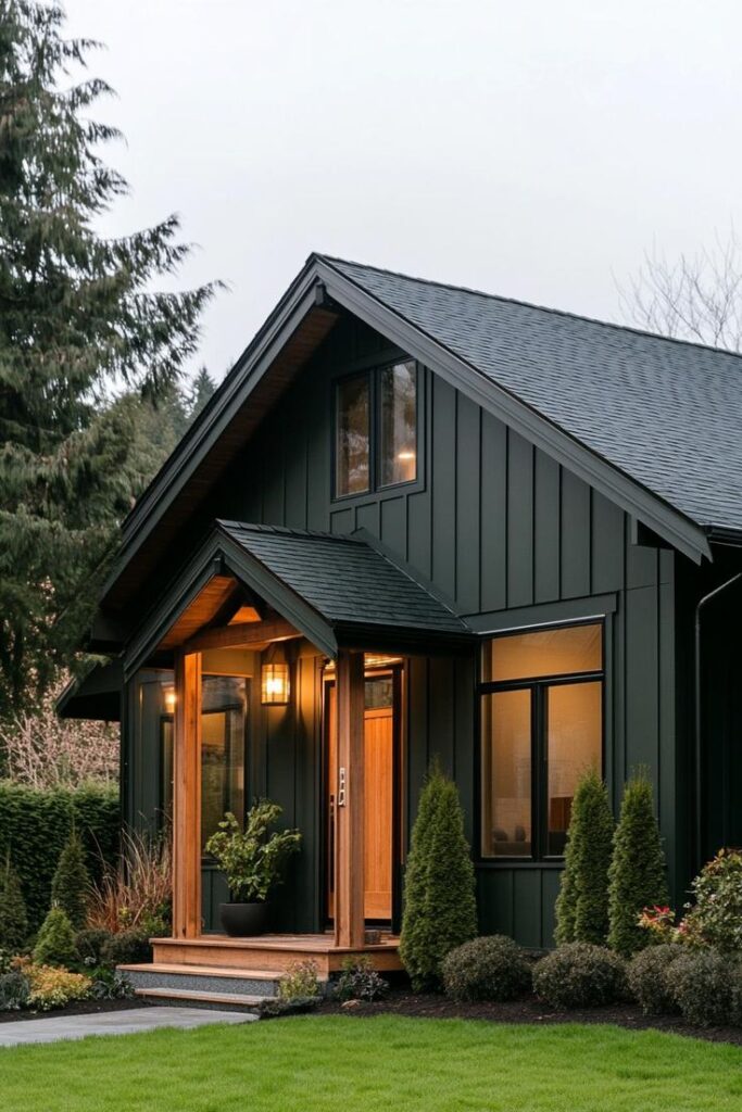 Modern black house exterior with wooden accents, front porch, and lush landscaping.