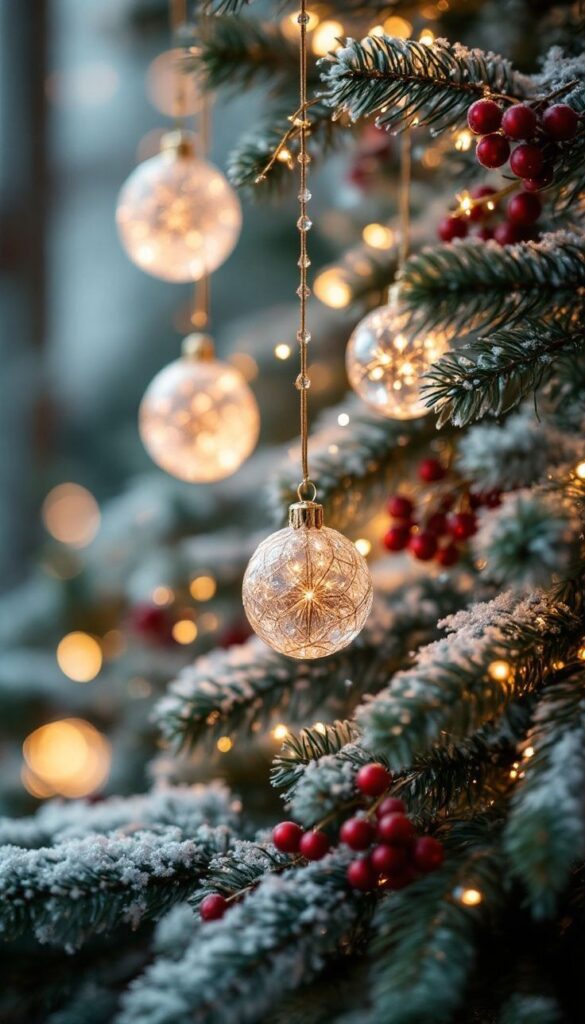 Close-up of a decorated Christmas tree with glowing ornaments, berries, and warm lights creating a festive atmosphere.