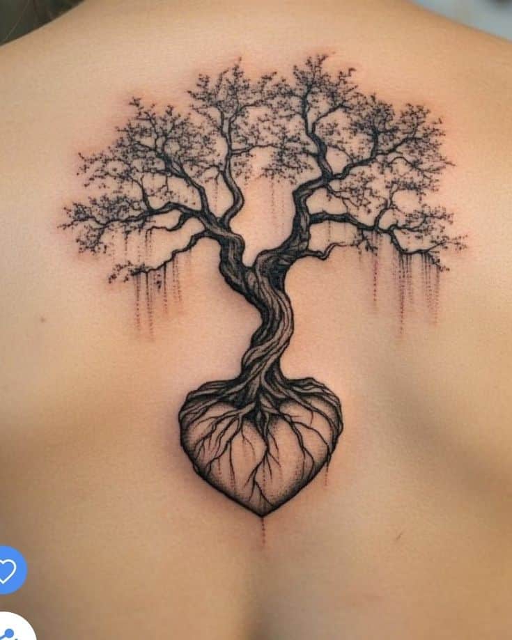 Heart-shaped tree tattoo with intricate branches and roots on a person's back, symbolizing life and connection.