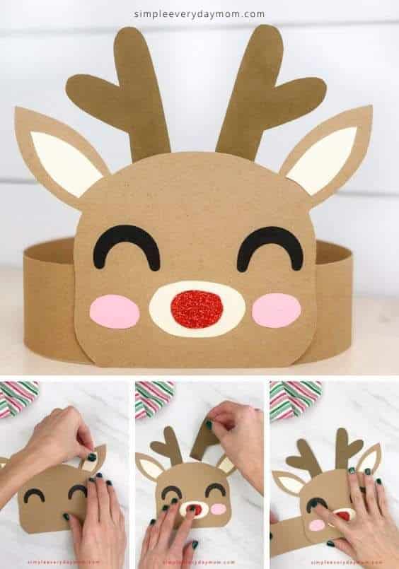 _ 3 DIY reindeer headband craft made from brown paper with red nose, perfect for Christmas activities and kids' crafts. | Sky Rye Design DIY reindeer headband craft made from brown paper with red nose, perfect for Christmas activities and kids' crafts.