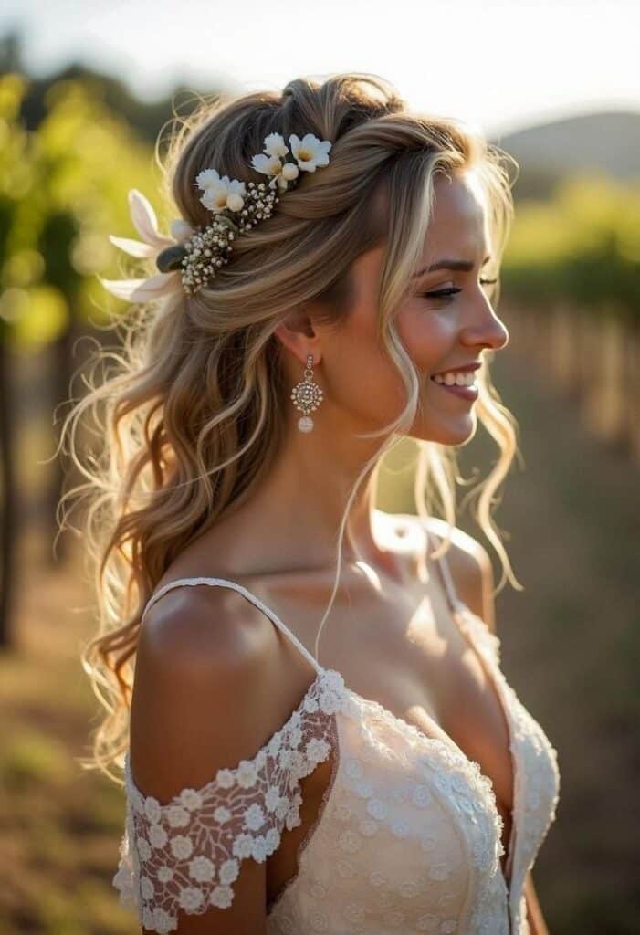 Bride in lace dress with floral hair accessory, smiling in vineyard setting.
